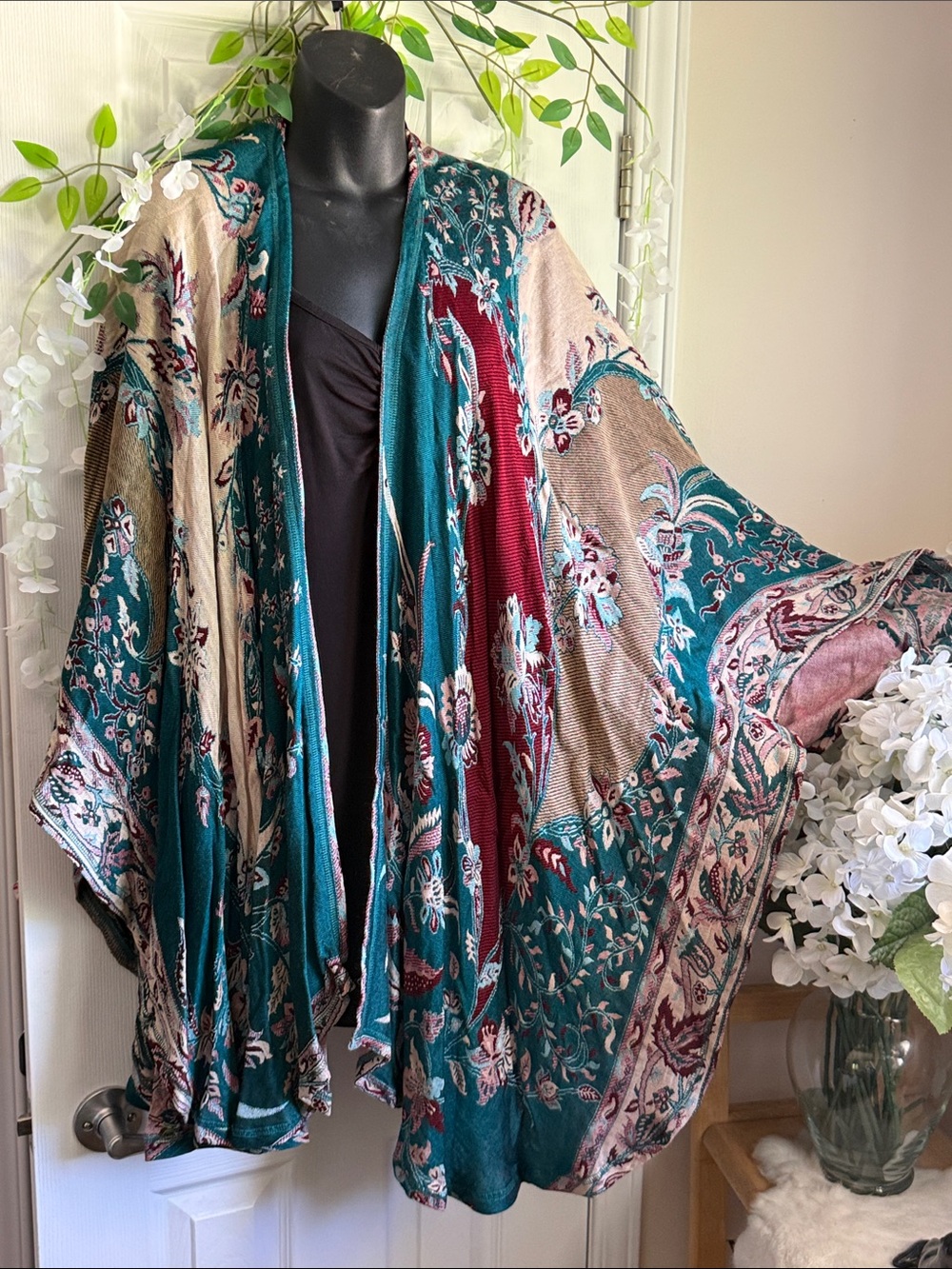 Baba One-Size Floral Knit Shawl Cape in Green and Burgundy. Fantastic Piece!!!